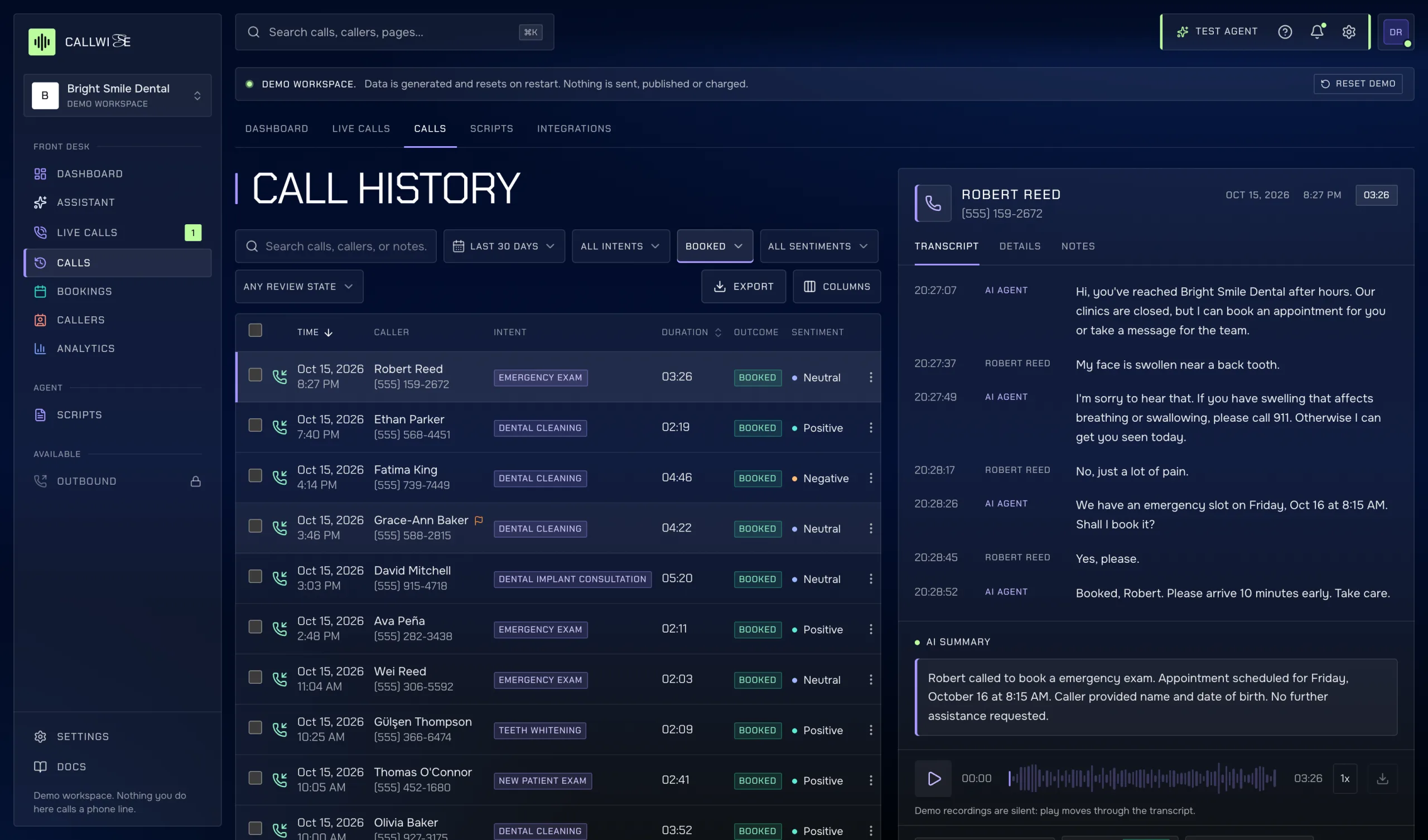 Calls: call history with the review panel