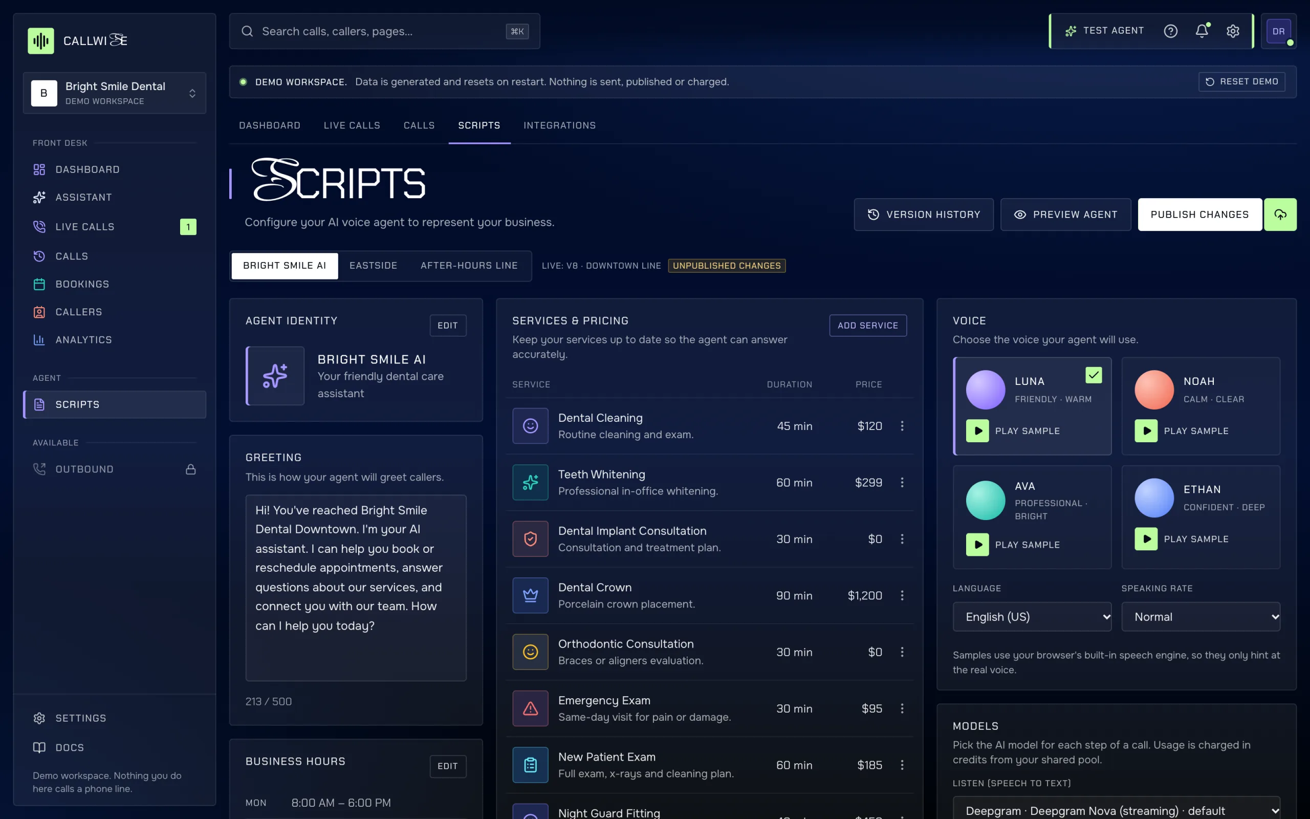 Scripts: agent setup with greeting, hours, services, handoff rules and voice